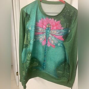 Beautiful Bright Dragonfly Sweatshirt Pink Green long sleeves Size Large